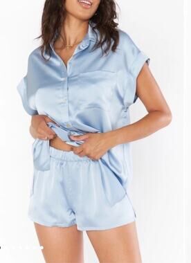 Show Me Your MuMu Glam Time Short Best Day Button Up Set Steel Blue Luxe Satin M